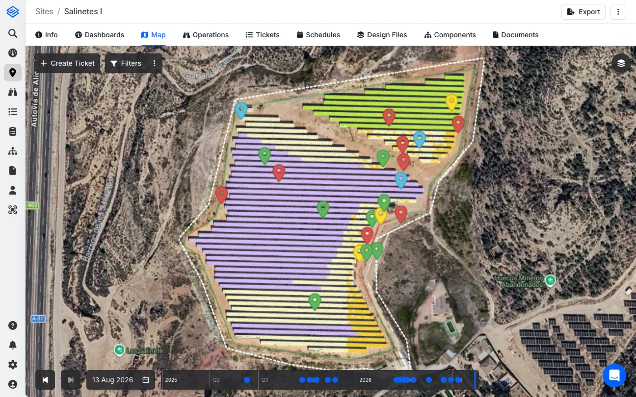 The Sitemark platform showing a solar site map with open tickets