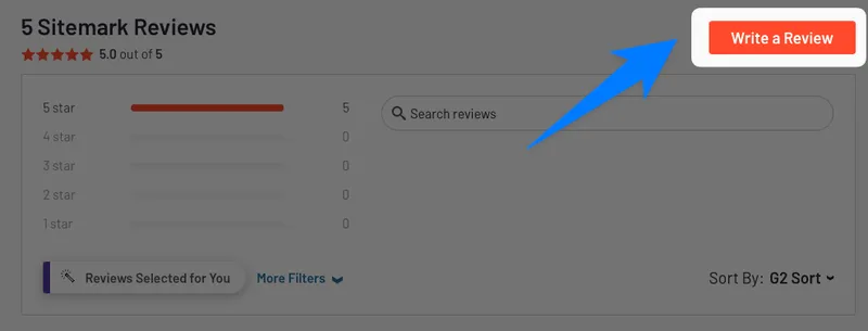 The “Write a Review” button on Sitemark's G2 reviews page